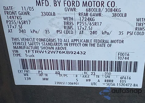 2006 Ford F-150 Xlt from USA, damaged, VIN 1FTRW12W76KB92432